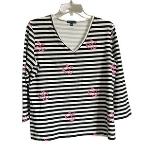 Melly M Women XL Nautical Striped V-Neck Rash Guard Top Anchors Black White